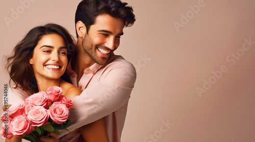 Romantic couple holding roses bouquet - ai generative