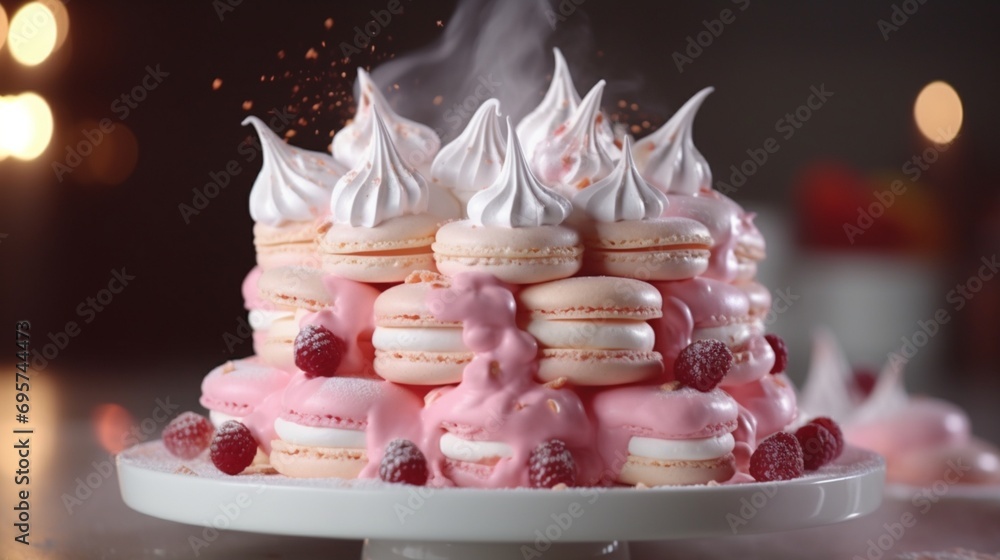 Meringue biscuits are used to garnish a pink birthday cake Meringue biscuits are used to garnish a pink birthday cake