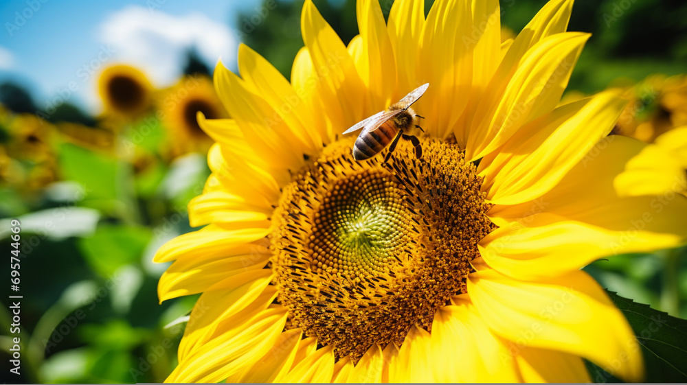 Naklejka premium A close-up of a single sunflower with a bee collecting pollen. AI Generative.