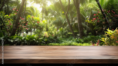 Wood table and blur bokeh garden background
