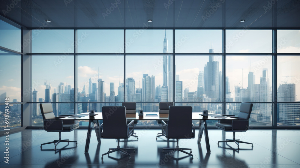 interior of meeting room office glass sectioning with city view.