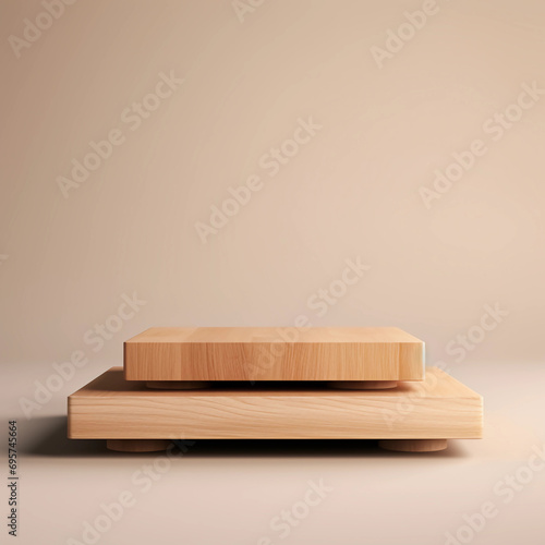 Wooden product display podium with brown background, Minimalistic nature background, Template design for cosmetics, beauty, nature product showcase, poster, banner, cover design, AI generated.