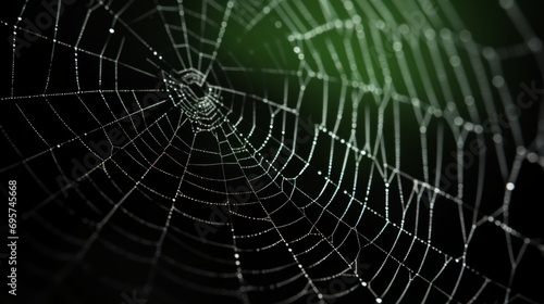 Spider web on a dark green background. Creepy spider webs hanging on dark  © Vladimir