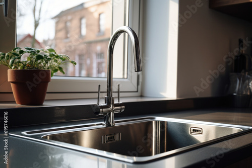 Stainless steel shiny perfectly clean sink in kitchen at home.