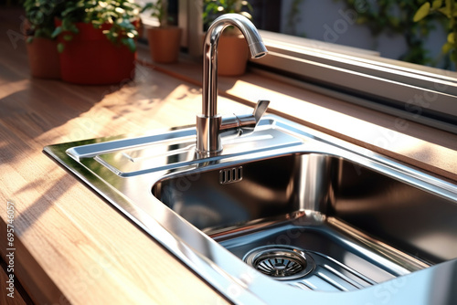 Stainless steel shiny perfectly clean sink in kitchen at home.