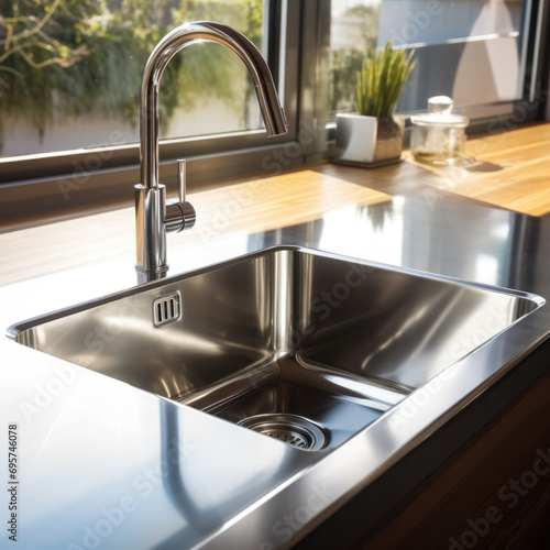 Stainless steel shiny perfectly clean sink in kitchen at home.