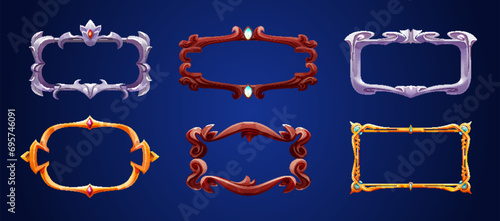 Fantasy decoration game ui frame for avatar or menu banner. Golden, wooden and silver oval and rectangular border with curling edges. Cartoon vector illustration set of medieval interface design deco