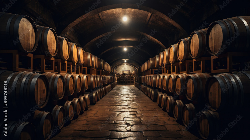 Wine or cognac barrels in the cellar of the winery. Wine or cognac barrels in the cellar of the winery.