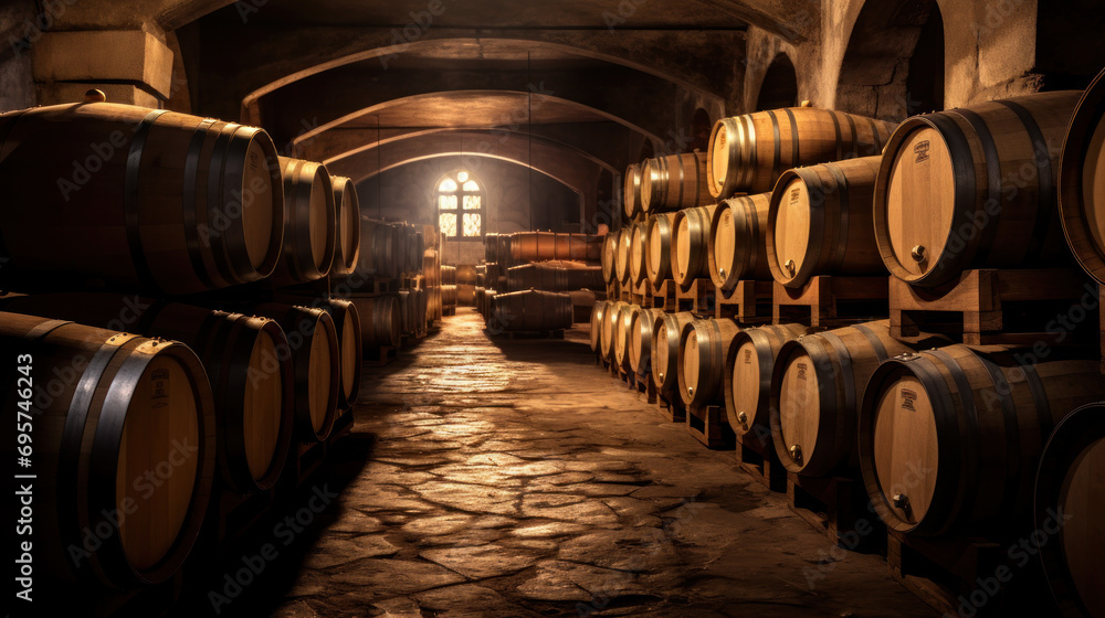 Wine or cognac barrels in the cellar of the winery. Wine or cognac barrels in the cellar of the winery.