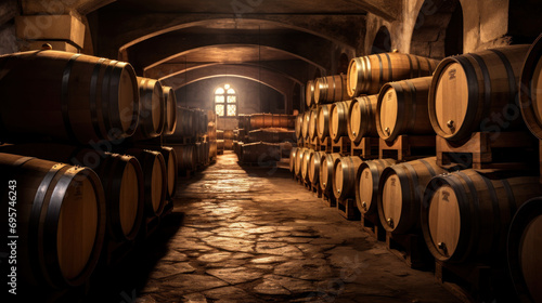 Wine or cognac barrels in the cellar of the winery. © Wararat