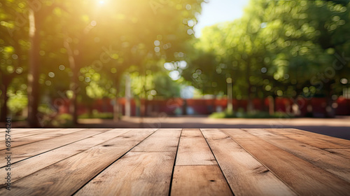Wood table and blur bokeh park background