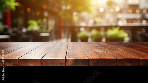 Wood table and blur bokeh cafe background