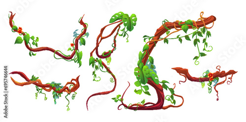 Liana twisted and tangled branch with green leaf and flowers. Game assets of jungle long climbing plant vine with foliage for border decor. Cartoon vector illustration set of rain forest tree stem.