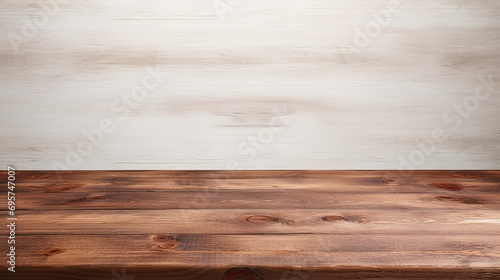 Wood table and white wall textured background