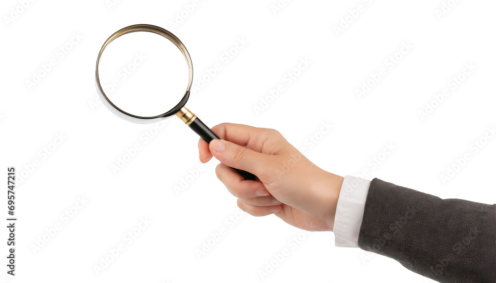 Hand holding a magnifying glass - isolated on transparent background Hand holding a magnifying glass - isolated on transparent background
