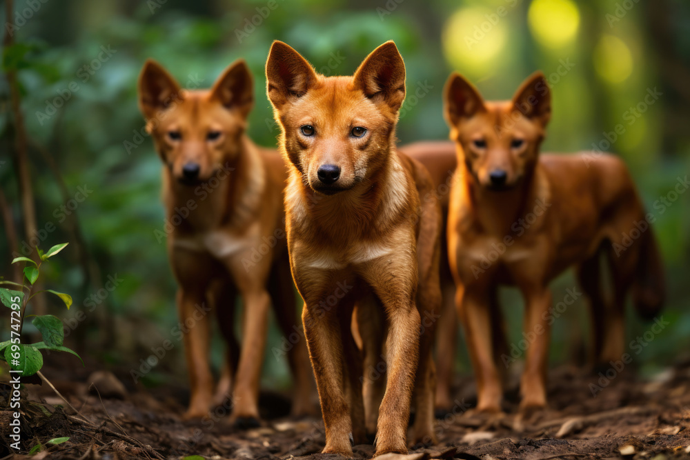 A pack of Dholes, also known as Asiatic wild dogs, in their natural habitat