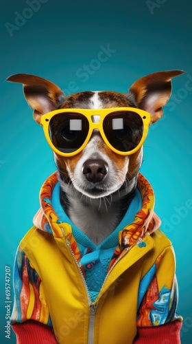 Dog wearing colorful clothes. Vertical background