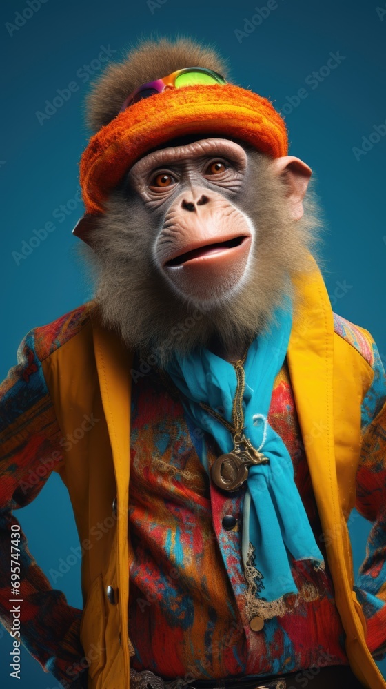 Funny monkey wearing colorful clothes on blue background . Vertical background
