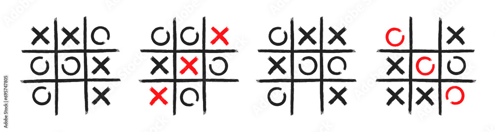 Tic tac toe xo game hand drawn grid doodle template vector illustration set isolated on white background Tic tac toe xo game hand drawn grid doodle template vector illustration set isolated on white background