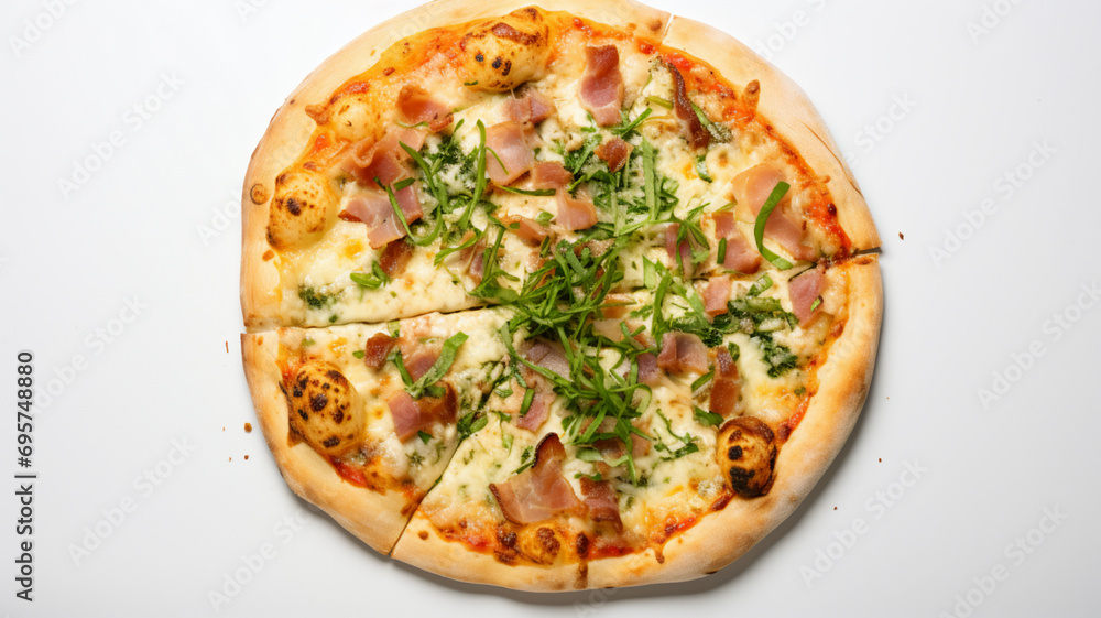 Top view of pizza with ham on white background, AI Generative. Top view of pizza with ham on white background, AI Generative.