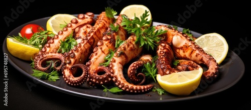 Grilled octopus, seasoned with garlic, lemon, and olive oil.