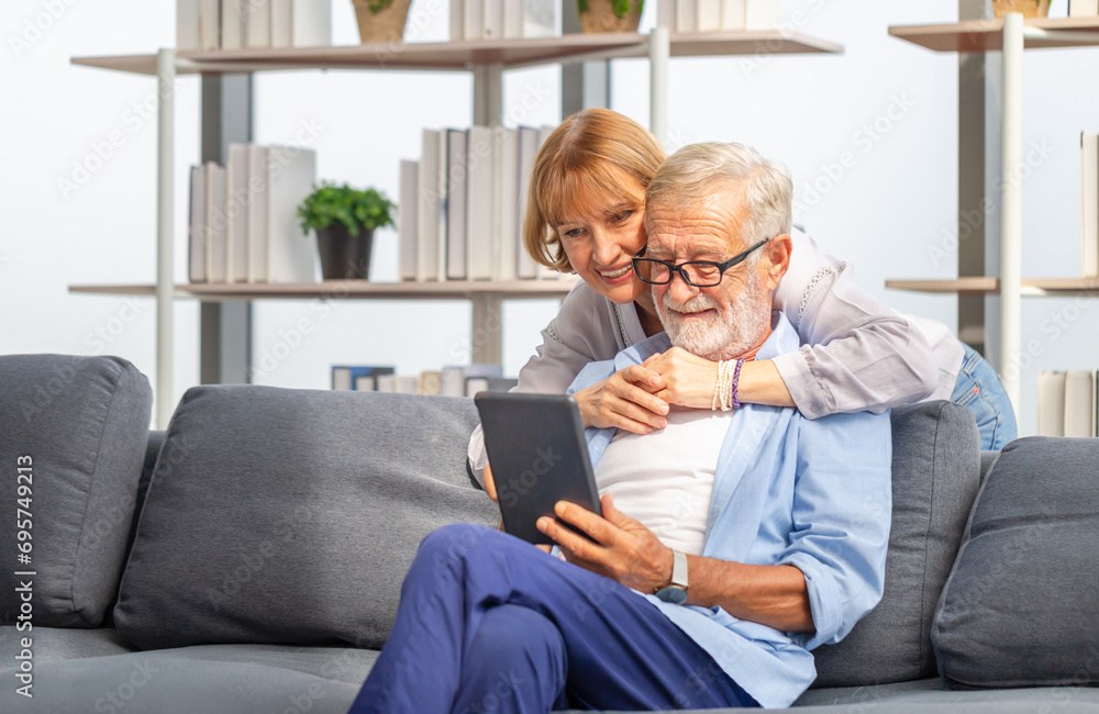 Mature woman and senior man using smartphone talking on video call on cozy sofa at home, Portrait of Cheerful senior couple in living room, Happy family concepts