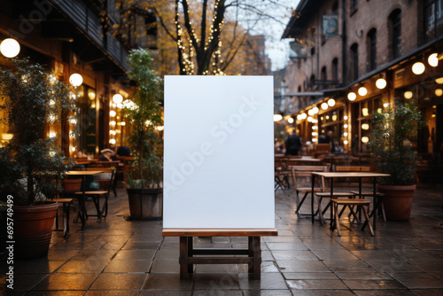 Blank white frame on wooden table in cafe with bokeh background, mockup