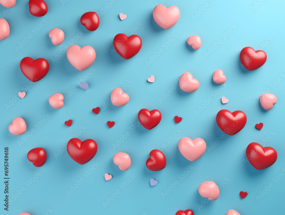 A collection of floating red and pink hearts on a retro blue background. A collection of floating red and pink hearts on a retro blue background.