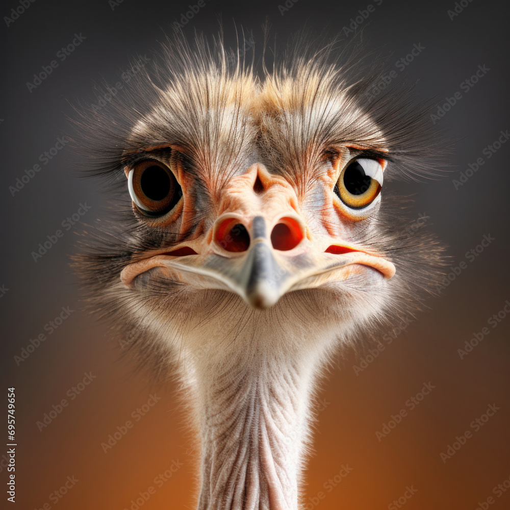 A bird ostrich with funny look, Big bird from Africa, Long neck and long eyelashes.