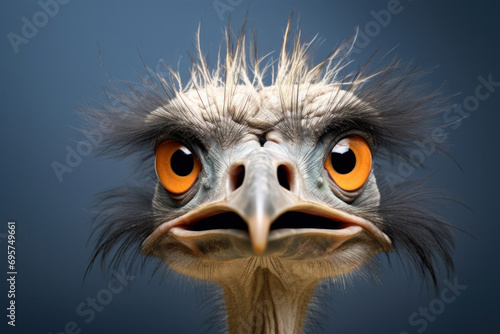 A bird ostrich with funny look, Big bird from Africa, Long neck and long eyelashes.
