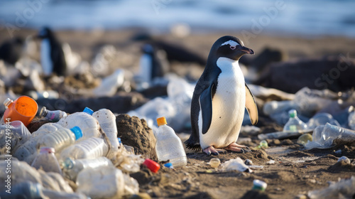 A penguin on the beach with garbage, plastic waste,  concept environmental pollution. Pollution of the ocean and coast.