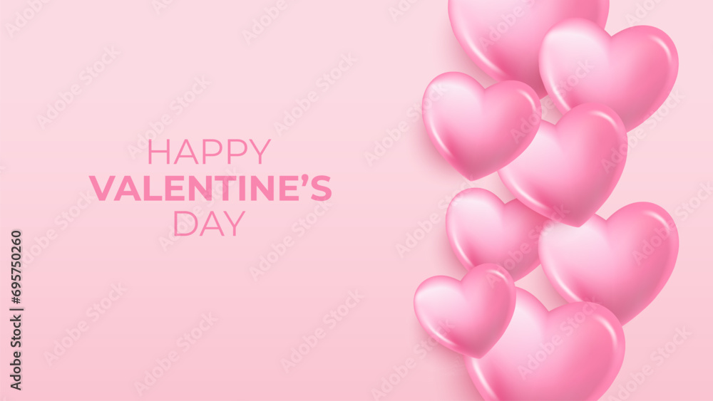Happy Valentine's Day banner with 3d pink hearts. Valentines Day holiday festive background. Vector illustration.