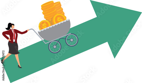 Businesswoman push cart full of gold coins