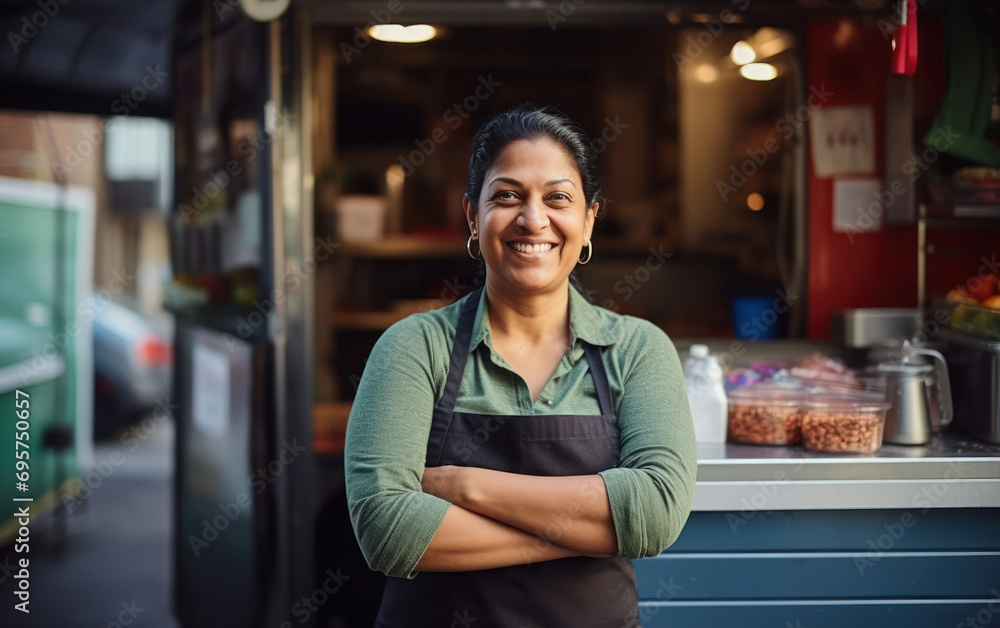 middle aged indian woman standing with street food truck - obrazy, fototapety, plakaty 