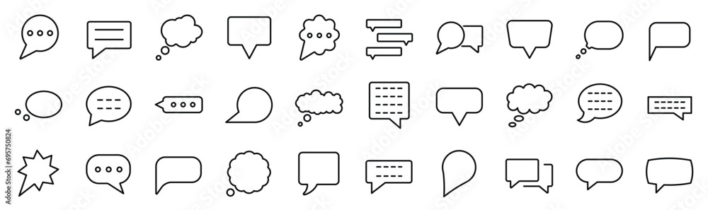 Set of 30 outline icons related to chat bubbles. Linear icon collection. Editable stroke. Vector illustration - obrazy, fototapety, plakaty 
