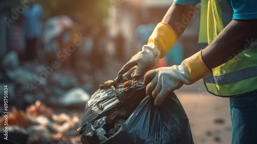 Close up hand of worker collecting garbage of urban municipal are collecting for trash removal. photo