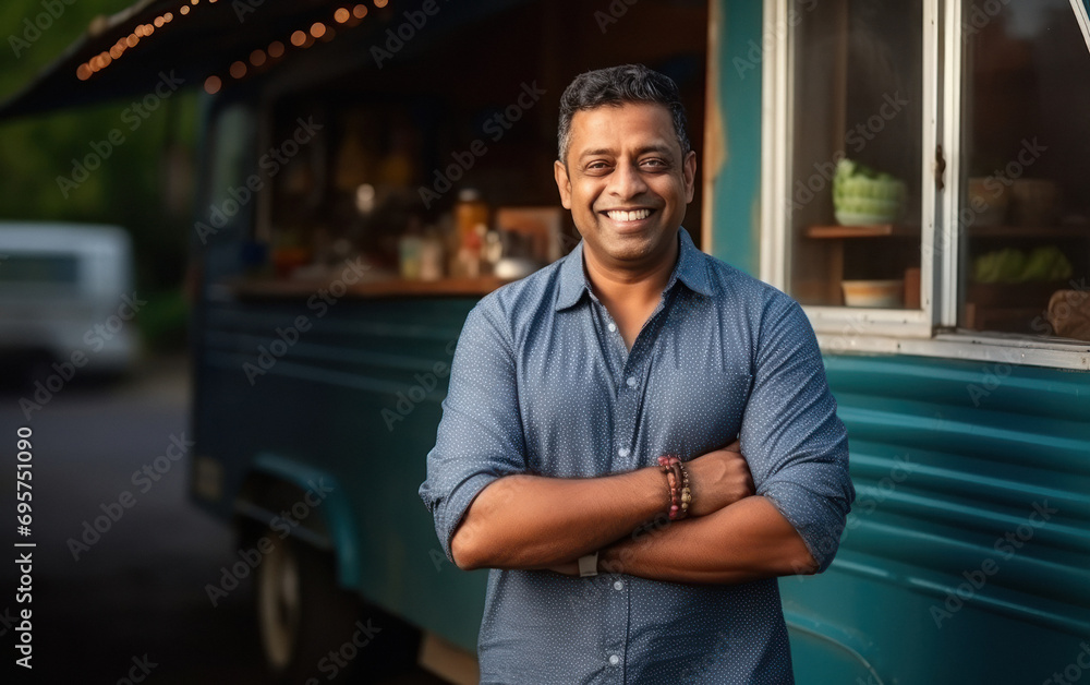 young indian man standing near street food truck young indian man standing near street food truck