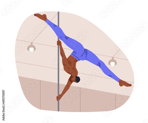 Man dancer doing split on bar. Male character performing pole dance. Poledanc...