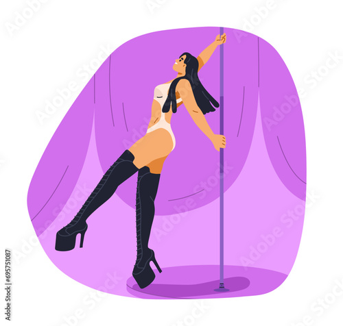 Performing pole dance. Sexy erotic dancer at poledance performance, show. Wom...