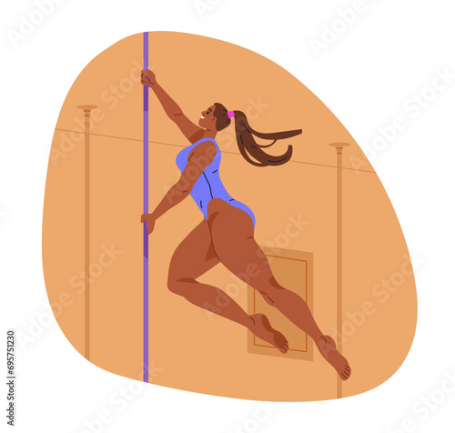 Pole dancer dancing, gripping bar with hands. Sexy strong woman, happy girl performing poledance move, pose, carousel spin movement. Flat graphic vector illustration isolated on white background