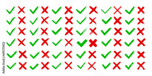 Dirty grunge hand drawn with brush strokes cross X and tick OK check marks V vector illustration set