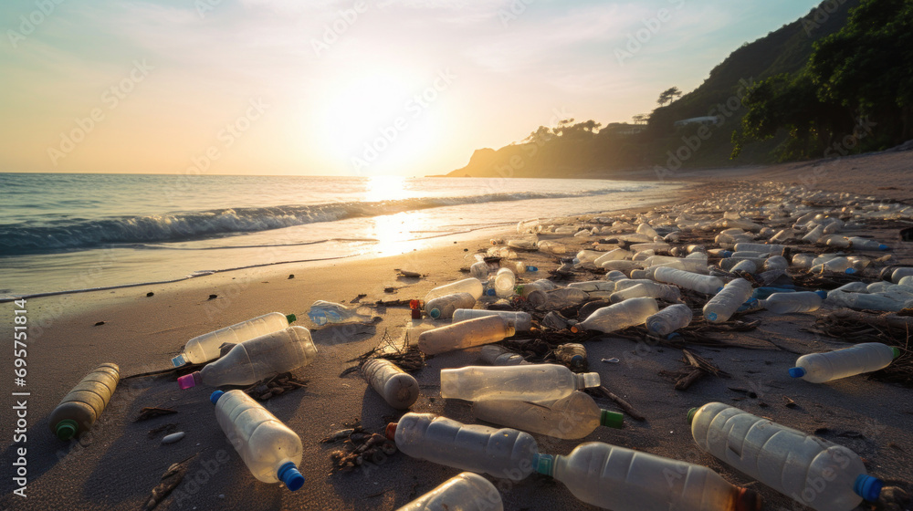 Environmental pollution, Plastic water bottles pollution on the beach. Environmental pollution, Plastic water bottles pollution on the beach.