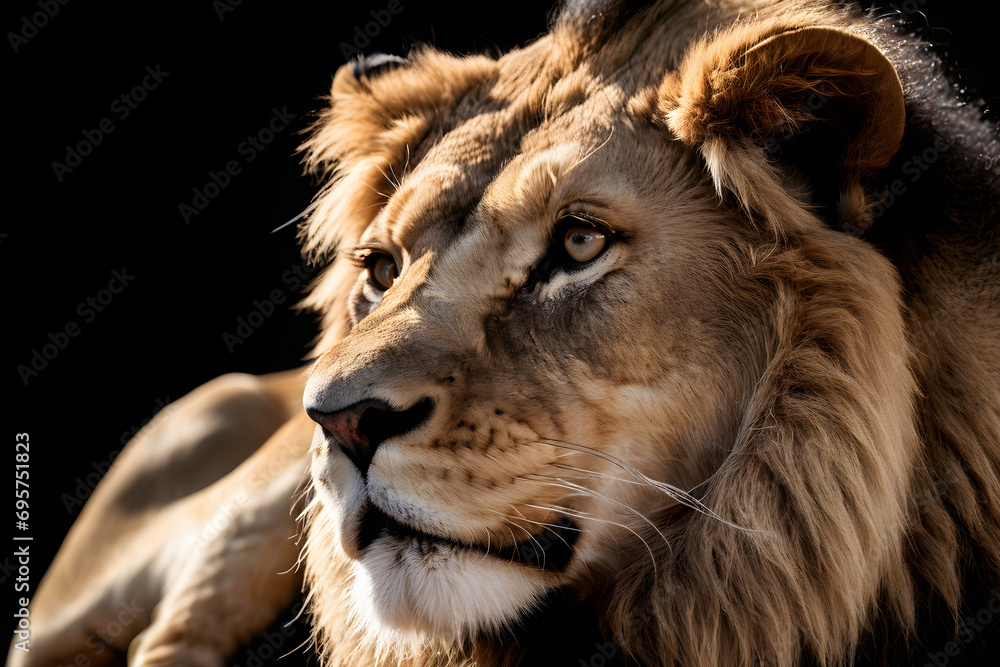 A solemn lion's side face, a black background. Generative AI A solemn lion's side face, a black background. Generative AI