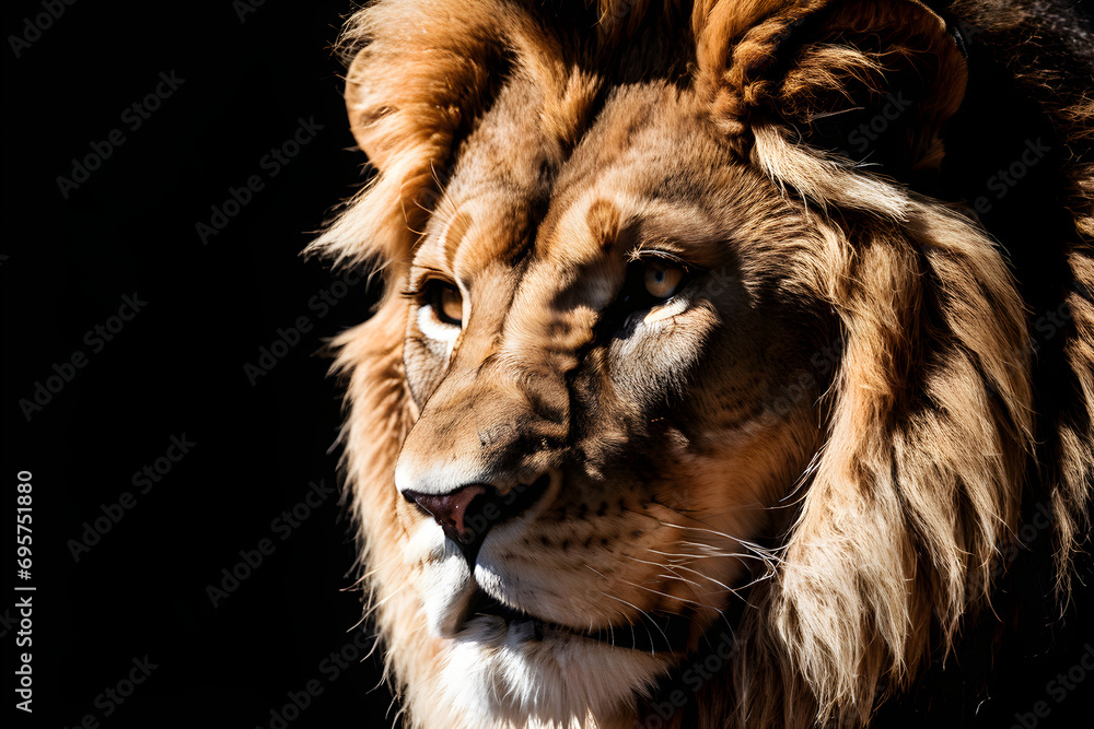A solemn lion's side face, a black background. Generative AI A solemn lion's side face, a black background. Generative AI
