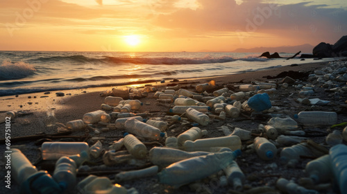 Environmental pollution  Plastic water bottles pollution on the beach.