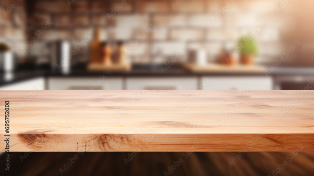 Wooden table on blurred kitchen bench background - obrazy, fototapety, plakaty 