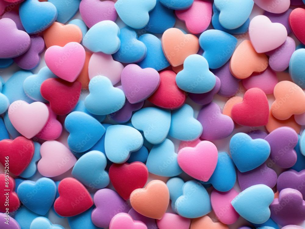 Multicolored heart candies fill the frame for a festive mood.