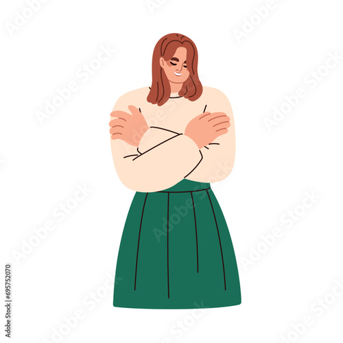 Self-hug with love, acceptance. Happy smiling girl embracing, liking herself, her own body with hands. Healthy esteem, psychology concept. Flat vector illustration isolated on white background