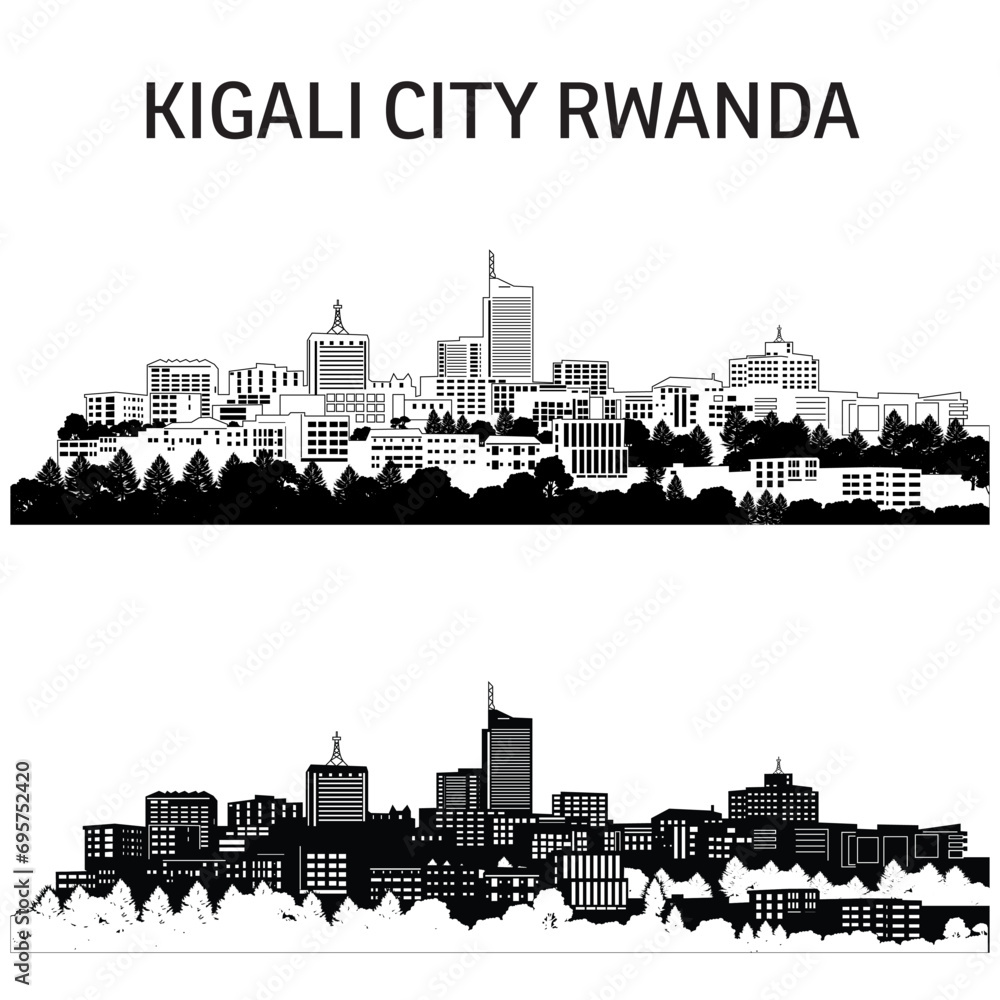 Kigali cityscape vector featuring sleek silhouettes. Perfect for print and digital projects, this editable skyline captures Rwanda's vibrant urban essence with precision and style