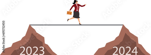 People from old year to new year, Businesswoman jumps hard on cliff to the other side